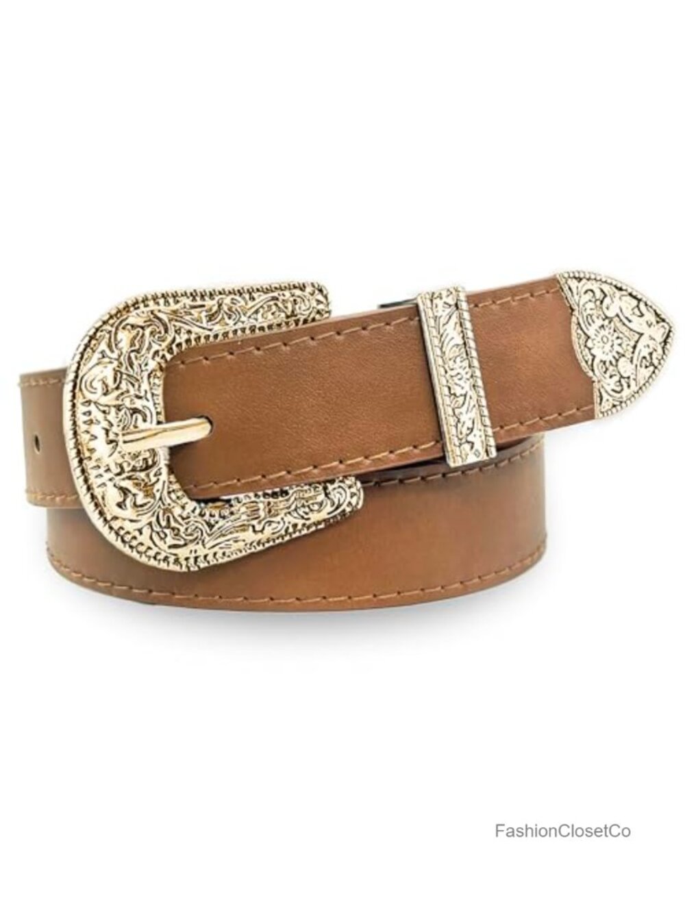 Western Cowboy Cowgirl Belt Engraved Buckle PU Leather Vegan Women